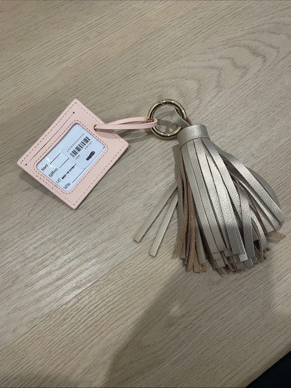 Anthropologie Pink ID Card Holder Keychain with Metallic Tassel
